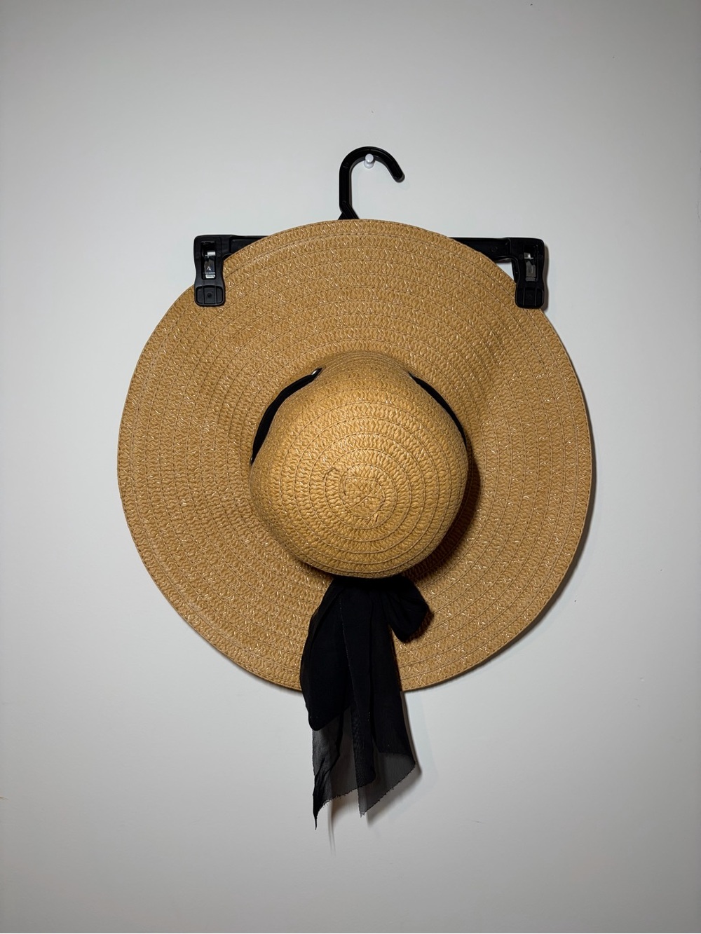 Wide Brim Straw Sun Hat with Black Scarf